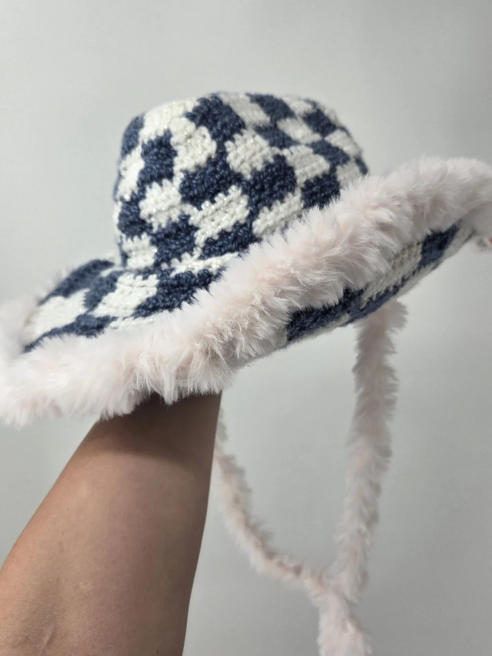 Fun Crochet Checkered Cowboy Hat with Faux Fur Trim - Blue & White